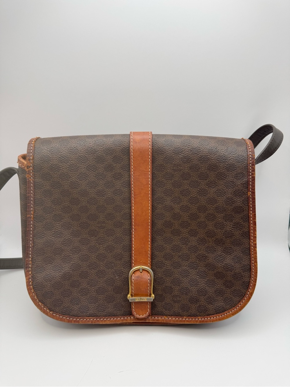 Vintage CELINE Macadam Triomphe Canvas Flap Crossbody Bag Brown Tan Leather